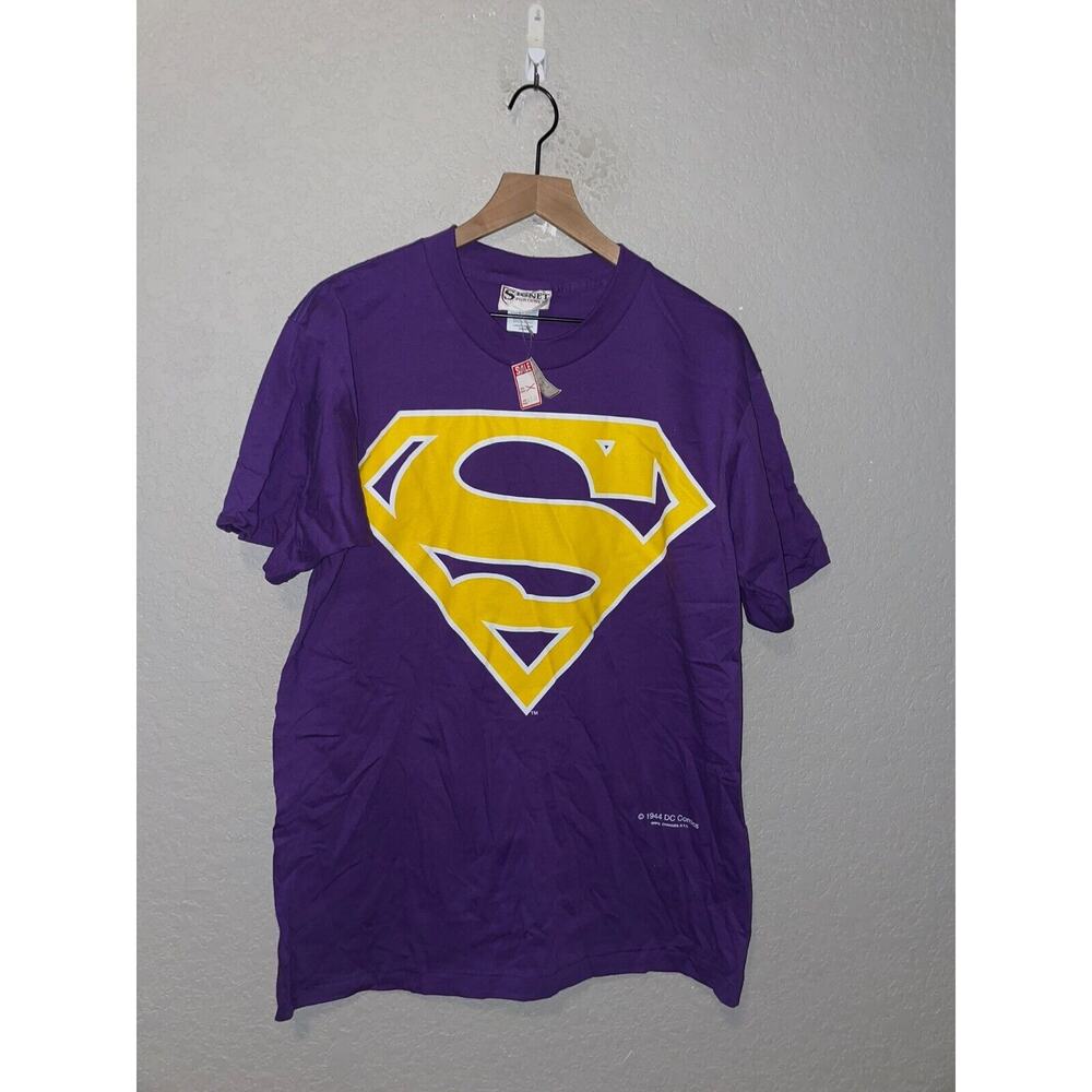 Vintage DC Comics Superman Shirt Super Man Purple Yellow Logo Tee 90s VTG Large